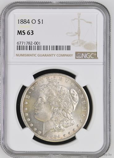 1 доллар 1884 год Моргана. Отличное коллекционное состояние! Полный штемпельный блеск! Грейд NGC MS63