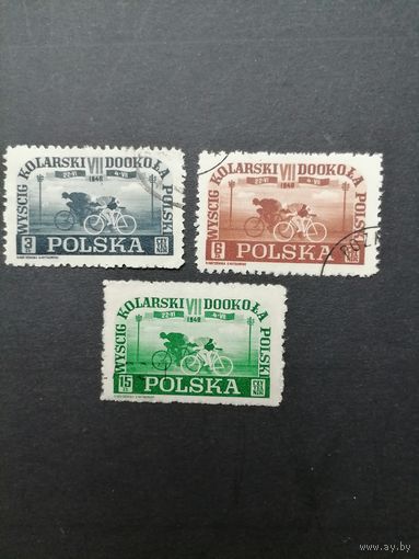 Польша 1948 Полная серия марок "VII велогонки по Польше" (гашение без клея) Mi.487-489 каталог 22.00 евро