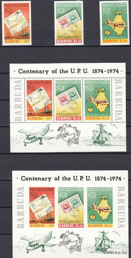 Авиация. Почта. Барбуда. 1974. 3 марки и 2 блока. Michel N 182-184, бл10 (- е)