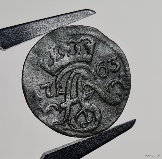 Солид шеляг 1763 года Август III, Эльблонг, Польша, R2 Копицкий 7168, РЕДКИЙ!