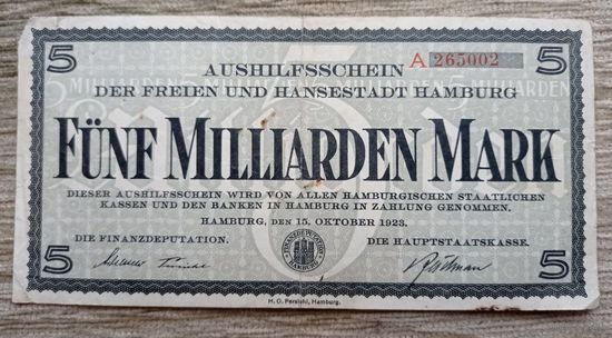 Werty71 Германия 5 миллиардов марок 1923 банкнота Гроссгельд г Гамбург Редкая