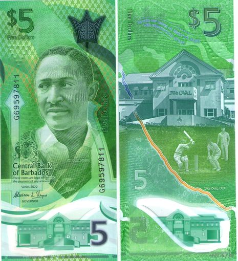 Барбадос 5 долларов 2022 год UNC (полимер)