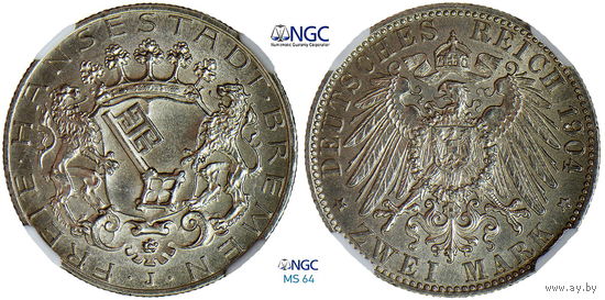 2 марки 1904 г. J. Бремен. Германия. NGC MS 64. Серебро. КМ# 250.
