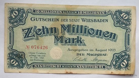 Германия 10 миллионов (10000000) марок 1923 г. Висбаден