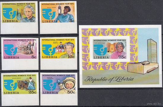 Космос. Терешкова. Выдающиеся женщины Либерия. 1975. 6 марок и 1 блок б/з. Michel N 946-951, бл75 (26.0 е)