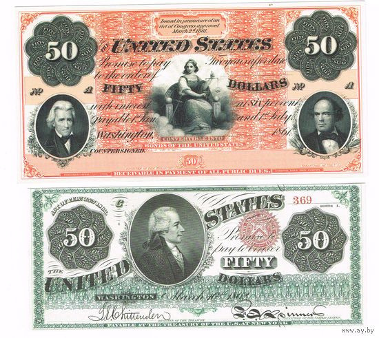 50доларов 1861, 1862 года Вашигнтон 2шт. официальные копии редчаших бонкнот США