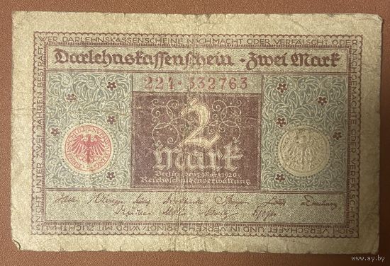 Банкнота 2 марки 1920 год. Веймарская республика.