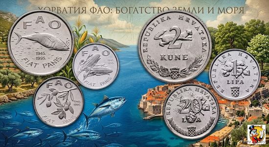 Хорватия набор монет ФАО 1, 20 лип и 2 куны, 1995 год, UNC. Маслина. Кукуруза. Тунец. Предложите свою цену или обмен!