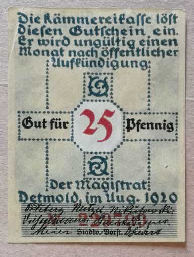 Германия 25 пфеннигов 1920 г Детмольд (Detmold) 268.1, XF-, В/З