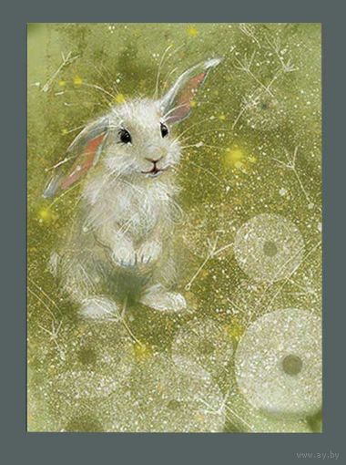 Открытка. Фауна. Животные. Заяц. Одуванчики. Художник Ек. Бабок (чистая)