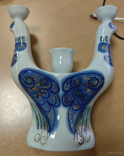 Подсвечник в виде птиц с орнаментом. Фарфор, роспись, золочение. Полонский ЗХК, скульптор Погребная. СССР 1973-1991 года.