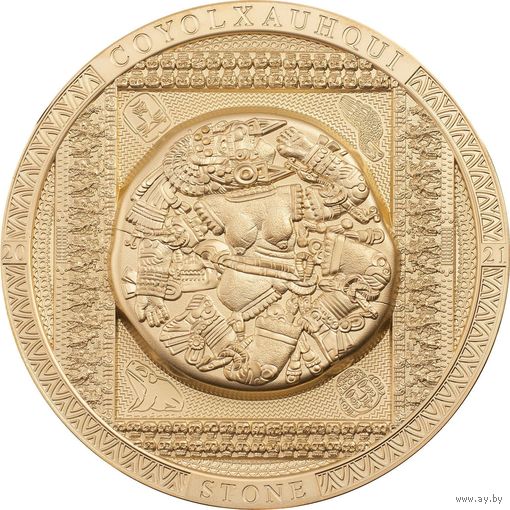 RARE Острова кука 20 долларов 2021г. "Ацтекский камень - Койольшауки". 24К Gold. Монета в капсуле; шикарном подарочном футляре; номерной сертификат; коробка. СЕРЕБРО 93,30гр.(3 oz).