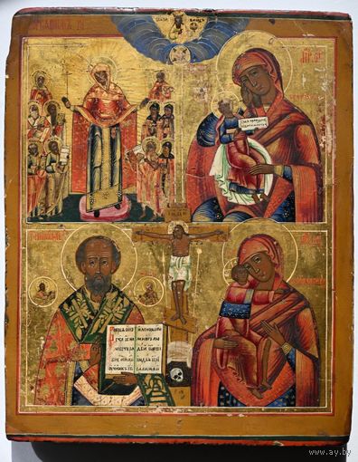 Икона Четырехчастная с Распятием. Ветка. Размер 36,8 х 29,3 х 2,8см. Без реставрации!