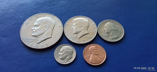 1 доллар,50,25,10 и 1 центы 1977 год США  Эйзенхауэр (Состояние на фото)