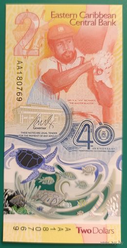 2 доллара 2023 (2024) - полимер - Восточные Карибы - UNC  - 40 лет Центральному банку