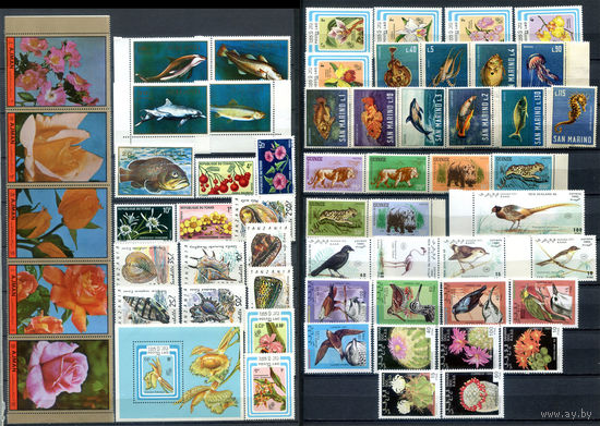 Фауна и флора 2 - полные серии - 55+ марок и 1 блок - MNH, сцепка Аджмана со сгибом, 10 марок с пожелтением клея. #O-W-128-E-1