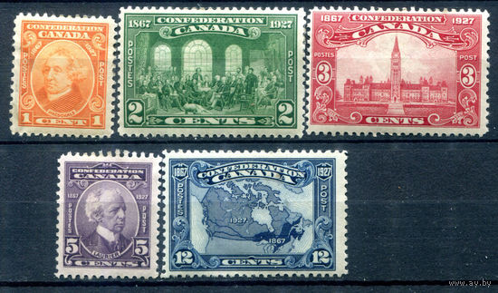 Британские колонии - Канада - 1927г. - 60 лет основания доминиона Канада, известные люди, карта, архитектура - 5 марок - полная серия, MH, номинал 1 с небольшим утончением слева, номинал 12 с маленьким тонким место по середине [Mi 118-122]. #3-WB-86-A-1