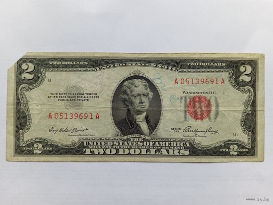 США 2 $ красная печать 1953 (обрезан угол)