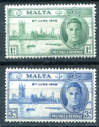 Британские колонии - Мальта - 1946г. - Годовщина Победы во Второй Мировой войне, король Георг VI, здание парламента в Лондоне - 2 марки - полная серия, MLH, MH [Mi 197-198]. #2-Bc-D-KS-4