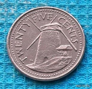 Барбадос 25 центов 1996 года. Сахарная мельница. Герб Барбадоса.