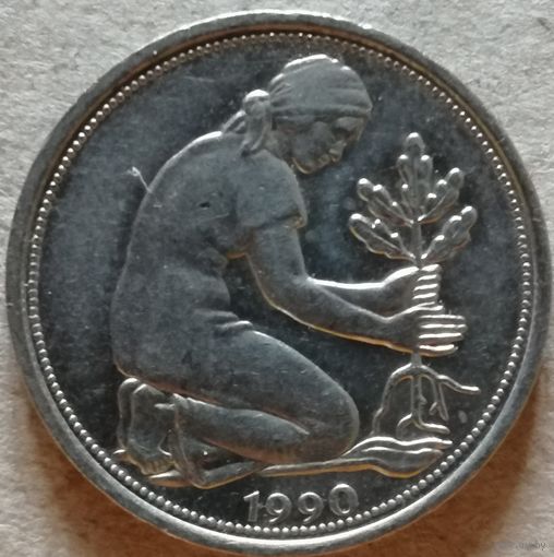 Германия 50 пфеннигов 1990 г., отметка мд "G" Карлсруэ, KM# 109