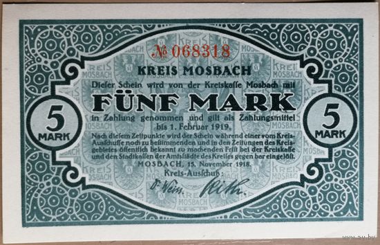 Германия 5 марок 1918 г Мосбах (Mosbach) 363.01. UNC, очень не частая