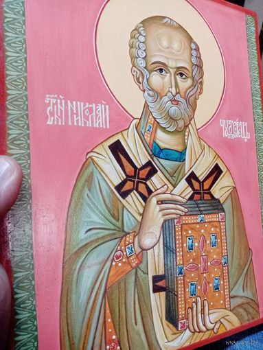 Рукописная икона "Никола Чудотворец", 20х25х2см.  яичная темпера, левкас, золочение.