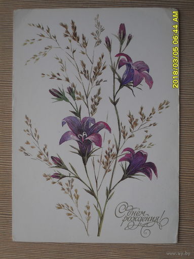 ЧИСТАЯ ПОЧТОВАЯ ОТКРЫТКА "С ДНЕМ РОЖДЕНИЯ"1989г.худ.И.МОЖАЕВА.