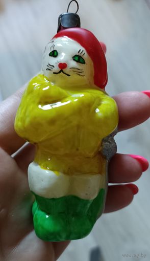 Ёлочная игрушка, стекло кот в сапогах