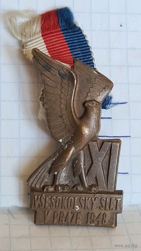 С 1 РУБЛЯ ! СТАРИННЫЙ  ЗНАК  МЕДАЛЬ ОРЁЛ СОКОЛ КЛЕЙМО ФЛАГ ЧЕХИЯ 1948 ГОД