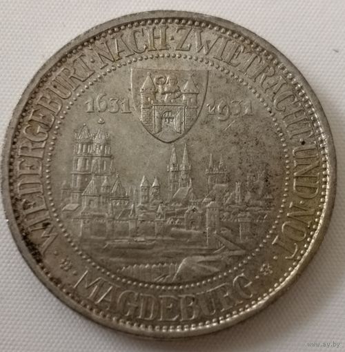 3 рейхсмарки (марки) 1931 г. Германия.  Веймарская республика , Магдебург. серебро .