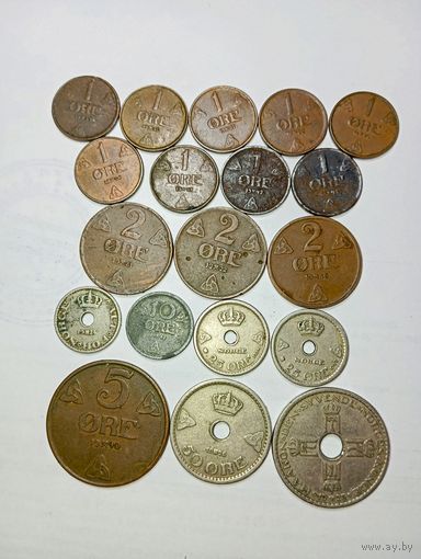 Норвегия 1 оре 1932,1936,1937,1938,1939,1940,1941,1942,1942 года , 2 оре 1921,1922,1936 года , 10 оре 1924,1924 года , 25 оре 1924,1927 года , 5 оре 1940 , 50 оре 1926 , 1 крона 1925 года .