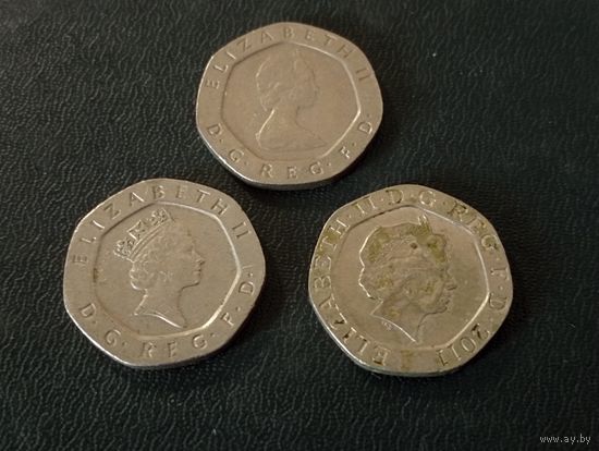 3 двадцатипенсовые монеты Великобритании