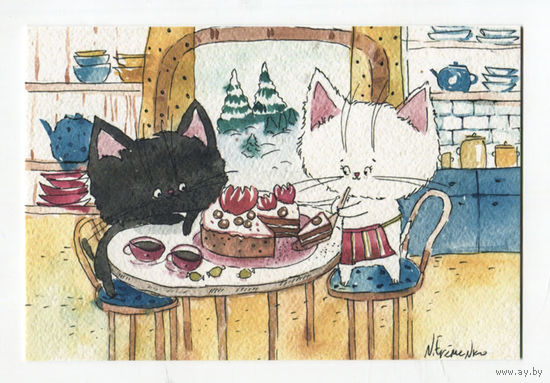 Открытка. Коты. Котики. Котята. Семья. Фауна, животные. Зима, елочки, пирог с лотосами. Художник Анастасия Еременко (чистая)