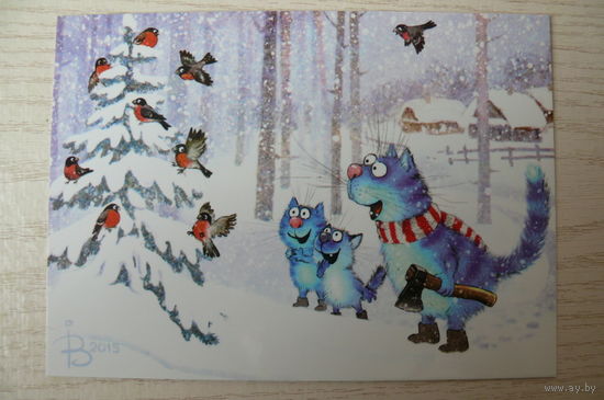 Зенюк Ирина, Новый год, синие коты, снегири; 2021, чистая.