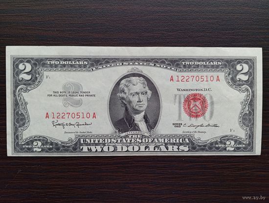 США 2 $ 1963 г. "красная печать"  AU/UNC
