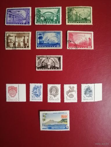 Марки СССР. Метрополитен 1950 г. 5 марок из 7 с наклейками. 5 марок стандарт прост. бумага чистые. 1 марка из серии 1966 г. туризм чистая.
