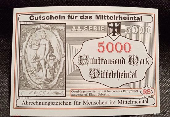 Нотгельд. Банкнота, бона 5000 МАРОК МИТТЕЛРЕЙНТАЛ (ДОЛИНА СРЕДНЕГО РЕЙНА) 94х66 мм водяные знаки.