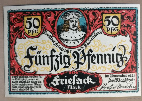 Германия, нотгельды, 50 пфеннигов 1921 год, Фризак (Friesack), РВ. вар. 2