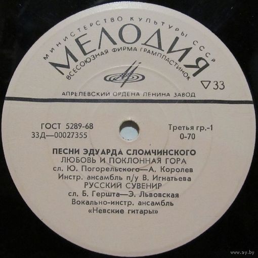 Песни Эдуарда Сломчинского (Ансамбль В. Игнатьева, Ансамбль ''Невские гитары'', Оркестр В.Фёдорова) (7'')