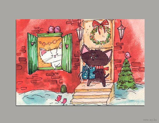 Открытка. Коты. Котики. Котята. Семья. Фауна, животные. С новым годом! Рождество, подарки. Художник Анастасия Еременко (чистая)
