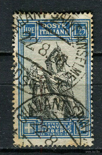 Королевство Италия - 1928 - Герцог Савойский Эммануил Филиберт на коне 1,25L - (есть тонкое место) - [Mi.290B] - 1 марка. Гашеная.  (Лот 30Gс)-T2P1