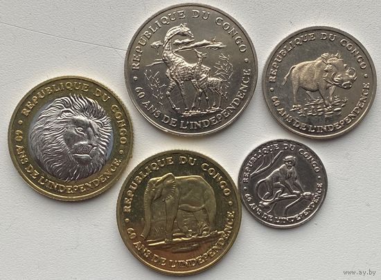 Конго 50, 100, 250, 500, 1000 франков 2020 г. 60 лет Независимости. Набор 5 монет