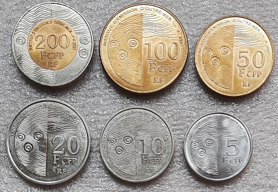 Французские Тихоокеанские Территории 5, 10, 20, 50, 100, 200 франков 2021 г. Официальный выпуск Франции для заморских территорий (Французская Полинезия, Новая Каледония, Уоллис и Футуна). Комплект