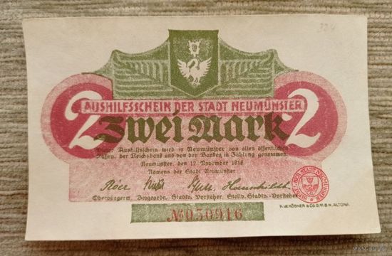 Werty71 Германия 2 марки 1918 банкнота Ноймюнстер