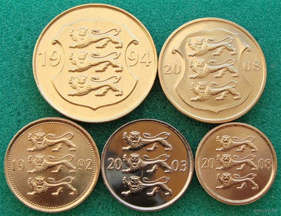 Эстония. Набор из 5 монет 10, 20, 50 центов 1, 5 крон 1992 - 2008 года