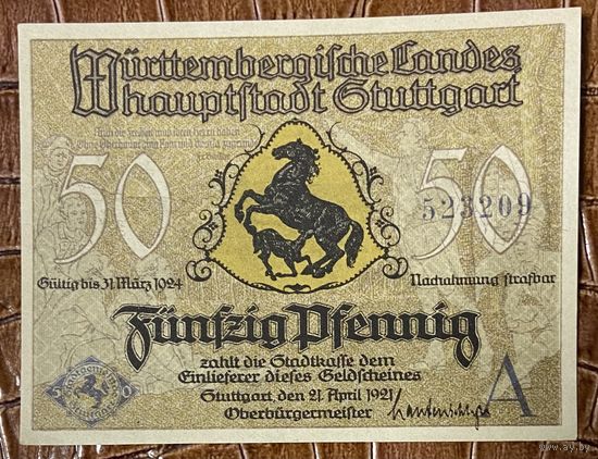 Нотгельд 50 пфеннигов 1921 год. Штутгарт. Веймарская республика