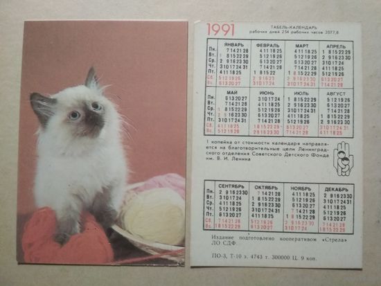 Карманный календарик. Котик. 1991 год