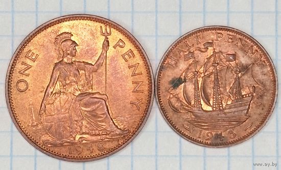 С 1 РУБЛЯ! ЛОТ 2 МОНЕТЫ БРИТАНИИ 1 ПЕННИ, 1/2 ПЕННИ 1948 1943 КОРАБЛЬ БРИТАНИЯ