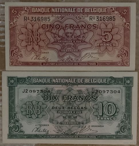 Набор банкнот 5 и 10 франков 1943 года - Бельгия - XFaUNC